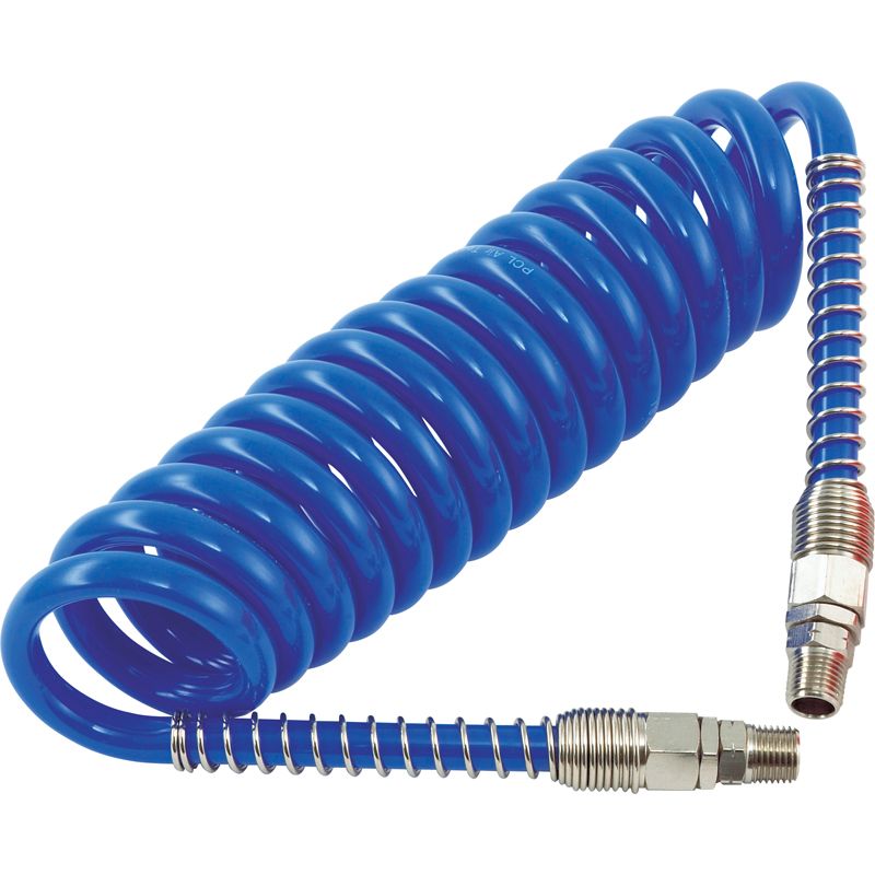 Polyurethane Coiled Hose Assembly, Blue, 7.5m of 6.5mm i/d Hose, Male Thread R 1/4 Swivel Ends
