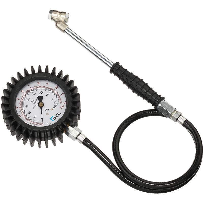 Light Gray Tyre Check Dial gauge (80mm Dia) 0-170 psi & 0-12 bar, Twin Hold-On Connector