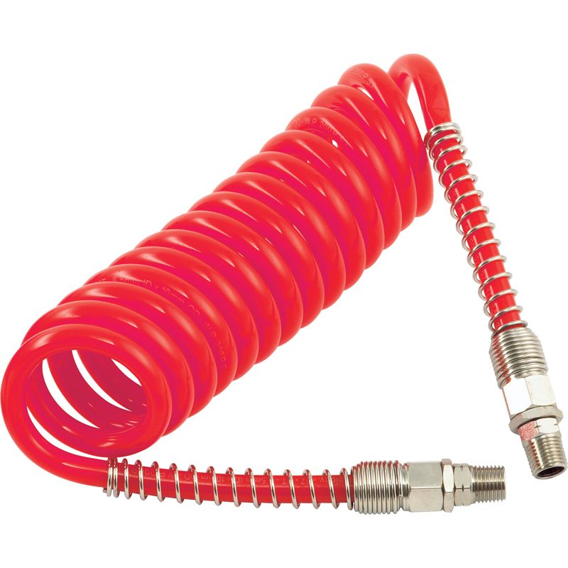 Tomato Polyurethane Coiled Hose Assembly, Red, 10m of 10mm i/d Hose, Male Thread R 3/8 Swivel Ends